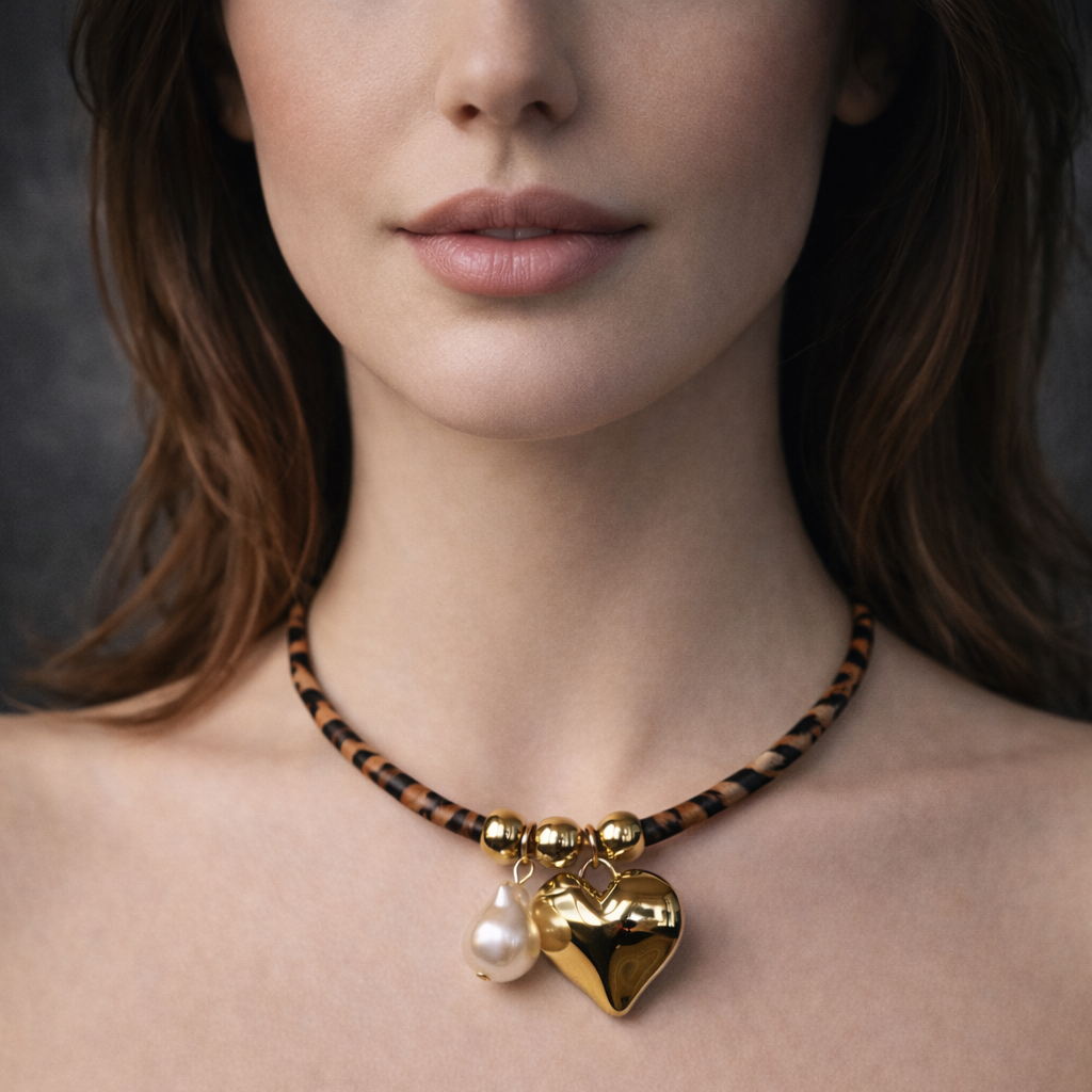 Wild Heart – Collana con Ciondolo a Cuore e Catenina Leopardata in Tessuto